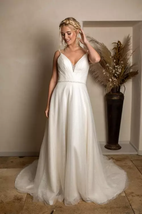 W412 Pearl Encrusted Glitter Tulle Bridal Gown True Bride